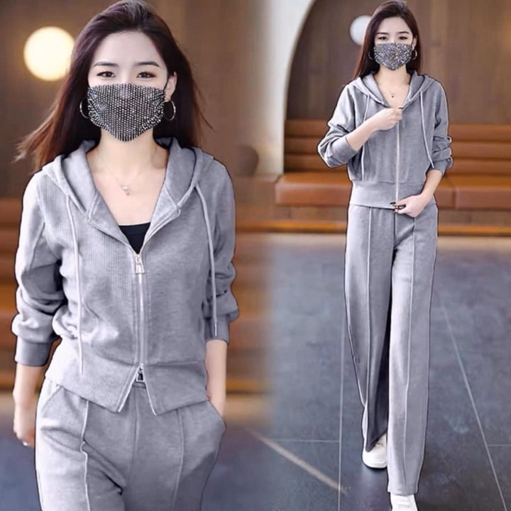 Bộ Đồ Thun Nữ Trơn Co Dãn Cotton Có Dây Kéo Thời Trang Hot - Htm Fashion - Ảnh 3