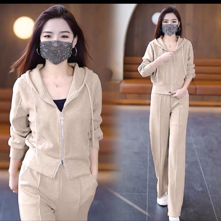 Bộ Đồ Thun Nữ Trơn Co Dãn Cotton Có Dây Kéo Thời Trang Hot - Htm Fashion - Ảnh 4