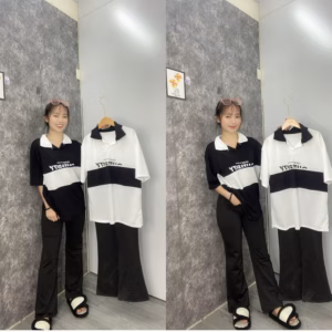 [ Rẻ Vô Địch ] Sét Bộ Nữ Quần Legging Ống Loe + Mix Áo Thun Polo Cá Sấu Phối Màu Đen Trắng Học Sinh Form Unisex