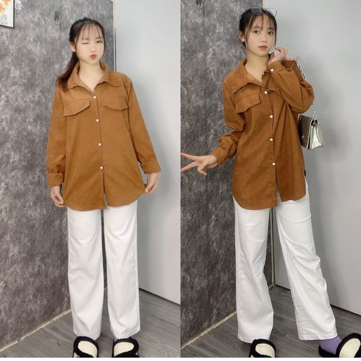 Sét Bộ Nữ Quần Kaki Trắng Ống Rộng + Mix Sơ Mi Nhung Tăm Basic - Ảnh 5