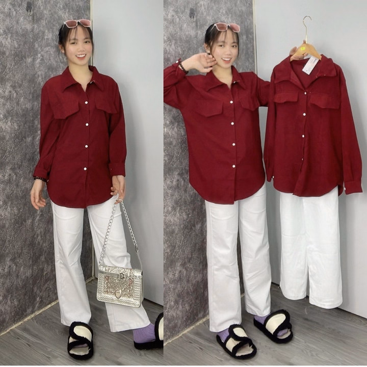 Sét Bộ Nữ Quần Kaki Trắng Ống Rộng + Mix Sơ Mi Nhung Tăm Basic - Ảnh 6