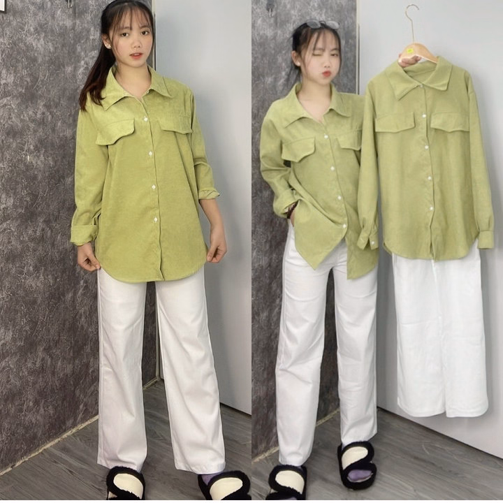 Sét Bộ Nữ Quần Kaki Trắng Ống Rộng + Mix Sơ Mi Nhung Tăm Basic - Ảnh 4