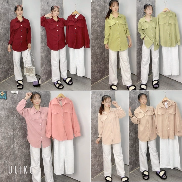 Sét Bộ Nữ Quần Kaki Trắng Ống Rộng + Mix Sơ Mi Nhung Tăm Basic - Ảnh 3