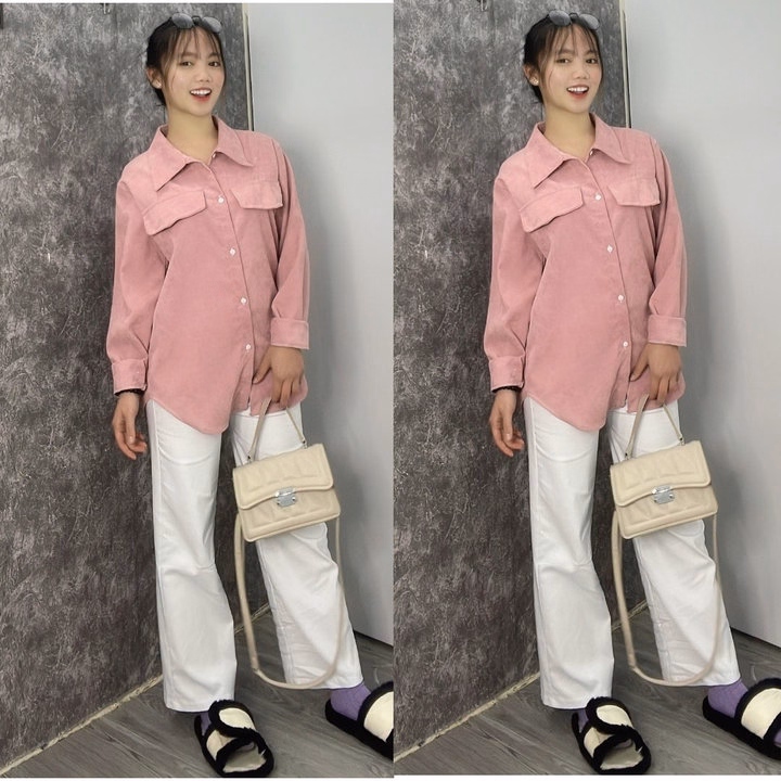 Sét Bộ Nữ Quần Kaki Trắng Ống Rộng + Mix Sơ Mi Nhung Tăm Basic - Ảnh 3