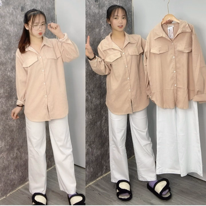 Sét Bộ Nữ Quần Kaki Trắng Ống Rộng + Mix Sơ Mi Nhung Tăm Basic - Ảnh 5