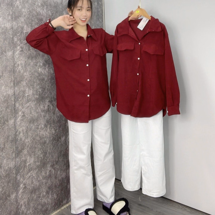 Sét Bộ Nữ Quần Kaki Trắng Ống Rộng + Mix Sơ Mi Nhung Tăm Basic - Ảnh 7