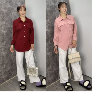 Sét Bộ Nữ Quần Kaki Trắng Ống Rộng + Mix Sơ Mi Nhung Tăm Basic