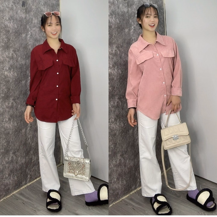 Sét Bộ Nữ Quần Kaki Trắng Ống Rộng + Mix Sơ Mi Nhung Tăm Basic