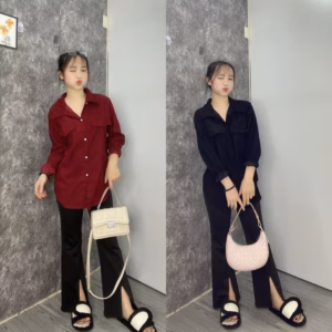 Bộ Nữ Quần Sét Legging Ống Loe Xẻ Tà +Mix Kèm Áo Sơ Mi Nhung Tăm