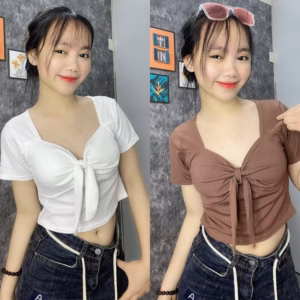 Áo Thun Nữ Cọc Tay Chất Tăm Hàng Quảng Châu Có Đệm Mút Thắt Nơ Xinh Xắn Chất Bo Rip Dày Đẹp