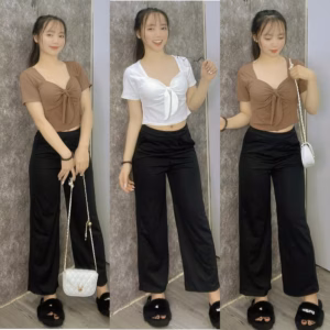 [ Rẻ Vô Địch ] Sét Bộ Đồ Quần Ống Rộng Cạp Chun Hack Dáng Đen + Mix Áo Thun Chất Tăm Hàn Có Đệm Mút Thắt Nơ Xinh Xắn