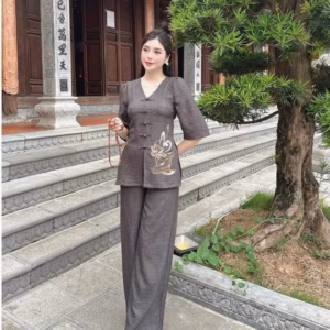 Set Bộ Lam Đi Chùa Tay Lỡ Nút Mây St1152- Sam Store