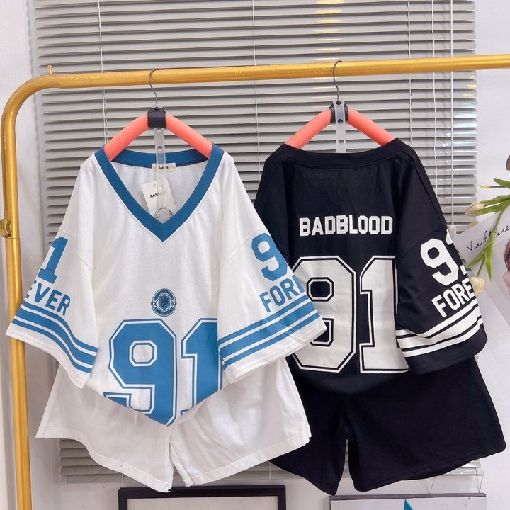 Sét Bộ Nữ Áo Phông Số 91 Form Rộng + Mix Quần Đùi Cộc Tăm Ly Trơn Thấm Hút Mồ Hôi - Ảnh 3