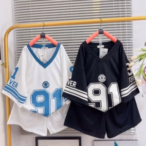 Sét Bộ Nữ Áo Phông Số 91 Form Rộng + Mix Quần Đùi Cộc Tăm Ly Trơn Thấm Hút Mồ Hôi