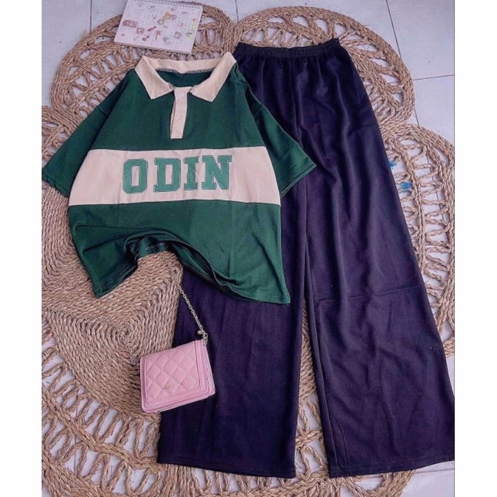 Sét Bộ Nữ, Gồm Quần Ống Rộng Cạp Chun Đen Hack Dáng + Mix Kèm Áo Polo Chữ -Odin