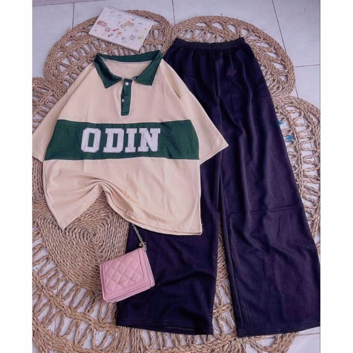 Sét Bộ Nữ, Gồm Quần Ống Rộng Cạp Chun Đen Hack Dáng + Mix Kèm Áo Polo Chữ -Odin - Ảnh 2