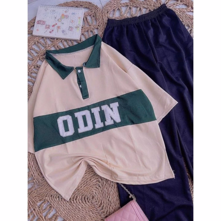 Sét Bộ Nữ, Gồm Quần Ống Rộng Cạp Chun Đen Hack Dáng + Mix Kèm Áo Polo Chữ -Odin - Ảnh 7