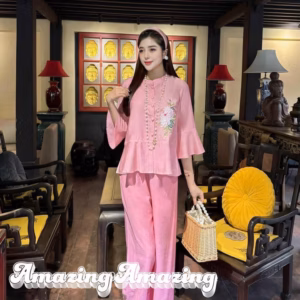 Set Bộ Lam Đi Chùa Thêu Hoa Tay Bèo Nút Bọc Sh1109- Sam Store