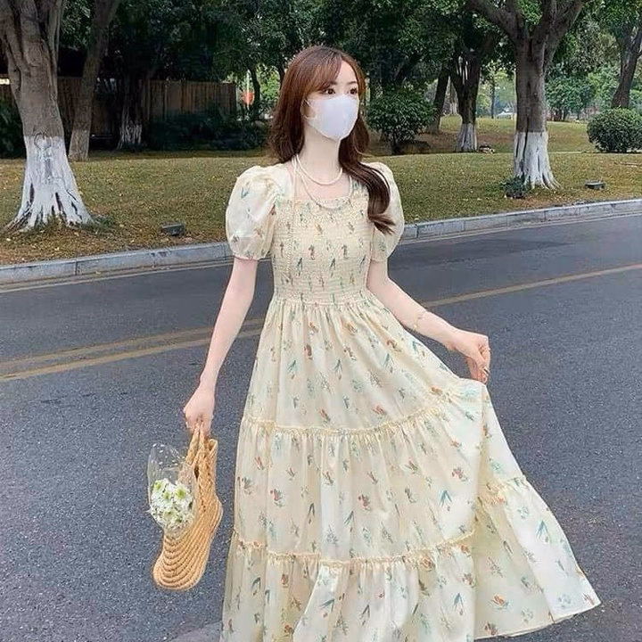 Đầm Maxi Xốp Hoa In Dập Moocking Tay Phồng Sh1155- Sam Store