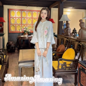 Set Bộ Lam Đi Chùa Thêu Hoa Tay Bèo Nút Bọc Bh1101- Nana House