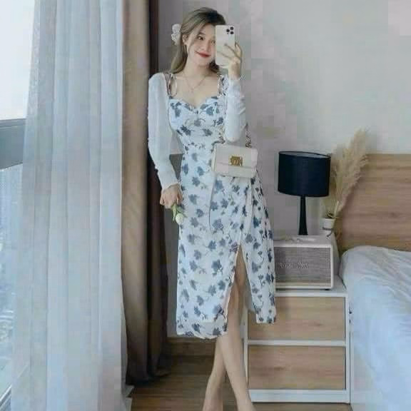 Set Đầm 2 Dây Voan Hoa Xẻ Tà Kèm Áo Khoác Thun Gân Sh1004- Sam Store
