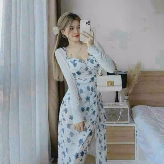 Set Đầm 2 Dây Voan Hoa Xẻ Tà Kèm Áo Khoác Thun Gân Sh1004- Sam Store - Ảnh 2