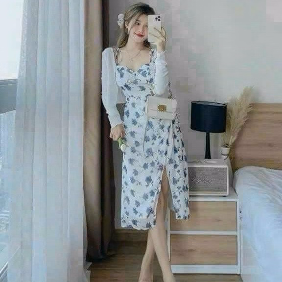 Set Đầm 2 Dây Voan Hoa Xẻ Tà Kèm Áo Khoác Thun Gân Sh1004- Sam Store - Ảnh 3