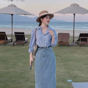 Sét Áo Sơmi Sọc Phối Chân Váy Denim Giả Jean Bh1056- Nana House