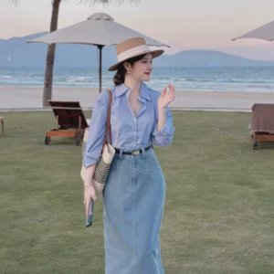 Sét Áo Sơmi Sọc Phối Chân Váy Denim Giả Jean Sh1050- Sam Store