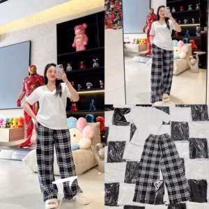 Set Bộ Nữ Quần Caro Rộng Cạp Chun + Áo Phông Cổ Tim Thụng