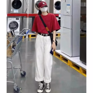 Set Quần Kaki Trắng 2 Khuy + Áo Cotton Trơn Đỏ