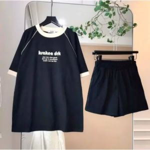 Bộ Đồ Nữ Thể Thao 3158 Chữ Thêu Viền Áo Phông Krakera Drk + Quần Đùi Cộc Tăm Li