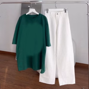 Set Kaki Trắng 1 Khuy + Áo Cotton Khô Trơn Xanh Lá