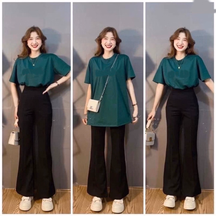 Set Bộ Quần Ống Loe Đen + Áo Cotton Khô Trơn Xanh Lá - Ảnh 2
