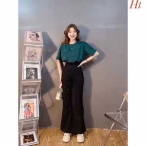 Set Bộ Quần Ống Loe Đen + Áo Cotton Khô Trơn Xanh Lá