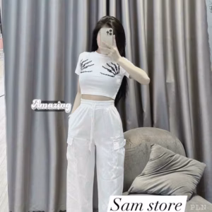 Set Bộ Quần Túi Hộp Cotton Lạnh Phối Áo Thun Tăm Gân Sh858- Sam Store