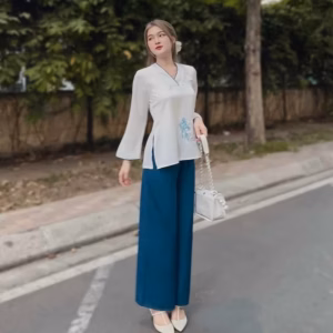 Set Bộ Đồ Lam Đi Chùa Xẻ Tà Viền Né Cổ Tim Sh1206- Sam Store