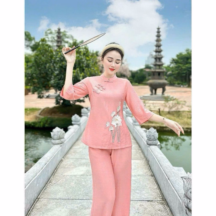 Set Bộ Bà Ba Tay Lỡ Cổ Tàu Nút Mây Thêu Hoa Sh1156- Sam Store