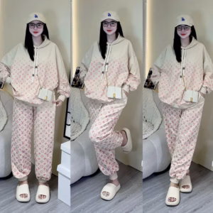 Set Bộ Đồ Thun Nữ Nỉ In Chữ Lv Phối Nhiều Cực Hot Trend - Htm Fashion