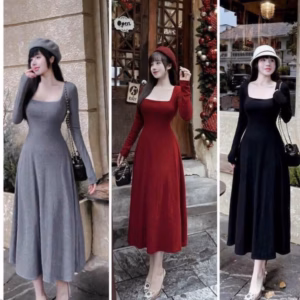 Đầm Váy Nữ Maxi Thun Tăm Lạnh Tay Dài Cổ Vuông St723- Sam Store