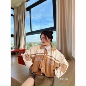 Áo Khoác Da Lộn Nữ Croptop Nút Bấm Phối Màu Cá Tính Thời Trang - Htm Fashion