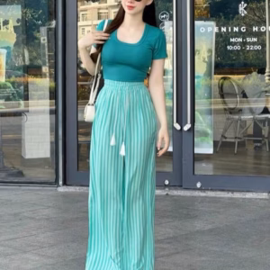 Set Bộ Áo Thun Tăm Lạnh Mix Quần Xốp Sọc T100H85- Sam Store