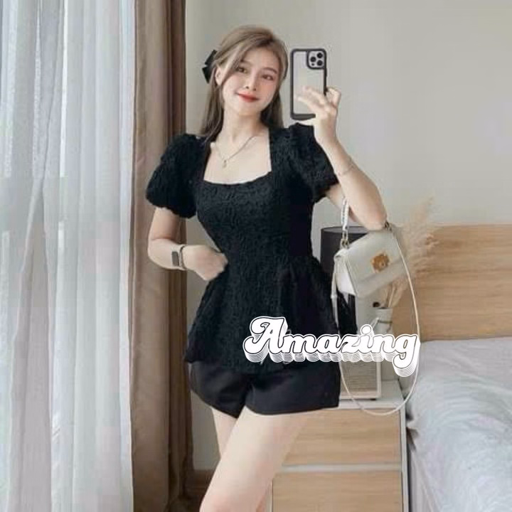 Set Bộ Áo Ren Cổ Vuông Tay Búp Mix Quần Đùi Tafta Sh1104- Sam Store - Ảnh 2