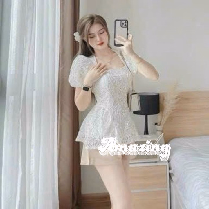 Set Bộ Áo Ren Cổ Vuông Tay Búp Mix Quần Đùi Tafta Sh1104- Sam Store