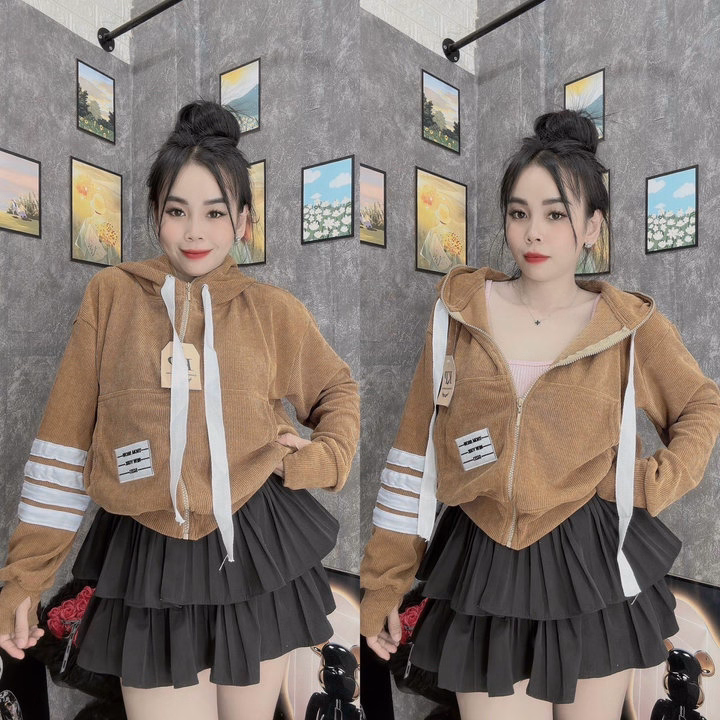 Áo Khoác Nhung Gân Tăm Nữ Dáng Lửng Thêu Logo Có Túi Trong Thời Trang - Htm Fashion - Ảnh 2