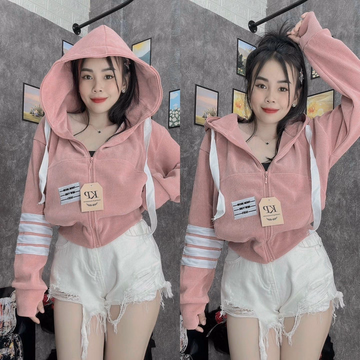 Áo Khoác Nhung Gân Tăm Nữ Dáng Lửng Thêu Logo Có Túi Trong Thời Trang - Htm Fashion - Ảnh 3