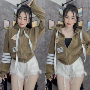 Áo Khoác Nhung Gân Tăm Nữ Dáng Lửng Thêu Logo Có Túi Trong Thời Trang - Htm Fashion