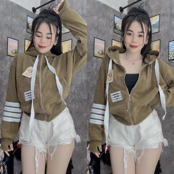 Áo Khoác Nhung Gân Tăm Nữ Dáng Lửng Thêu Logo Có Túi Trong Thời Trang - Htm Fashion