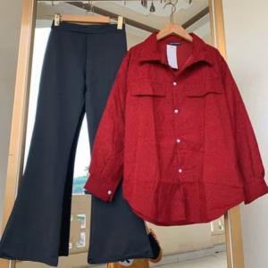 Sét Bộ Quần Ống Loe Umi + Kèm Áo Sơ Mi Nhung Đỏ