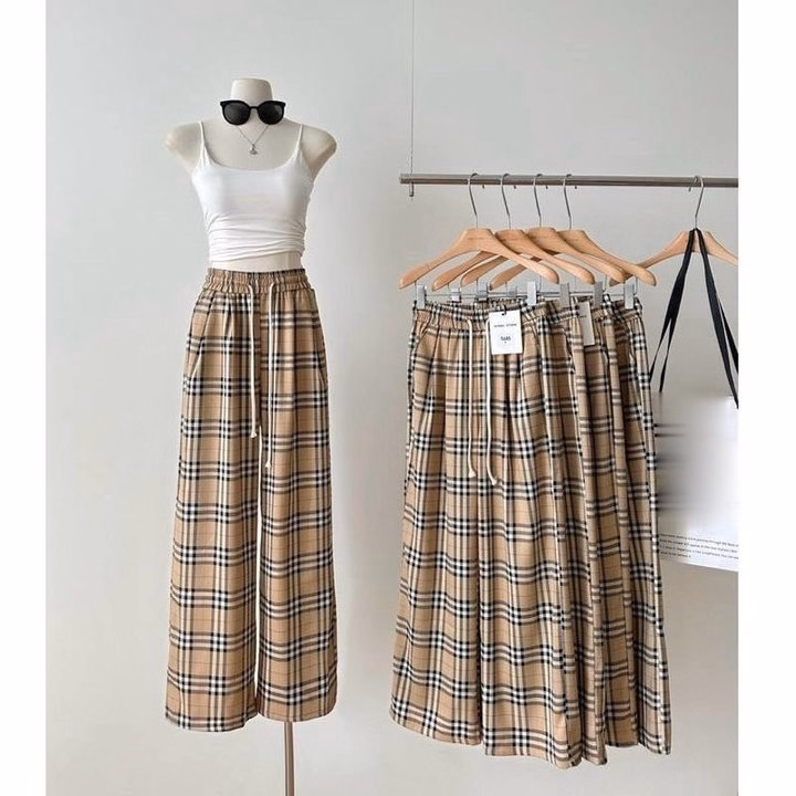 Quần Ống Rộng Kẻ Caro Mẫu Mới Màu Vàng Bò Siêu Hót - Ảnh 2